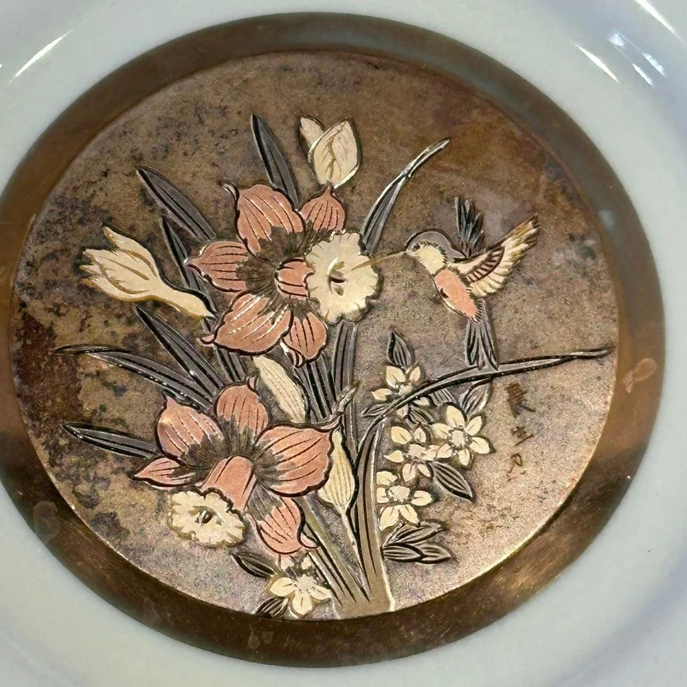 Decorative Plate Art of Chokin Hummingbird Floral Gold Silver Gilded Japan 6.5